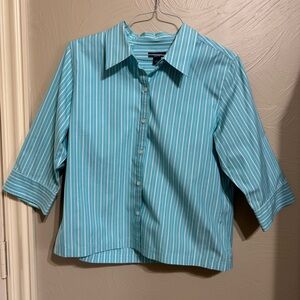 Westbound Essentials Teal and White Striped Shirt Button-Up Shirt w/ 3/4 Sleeves